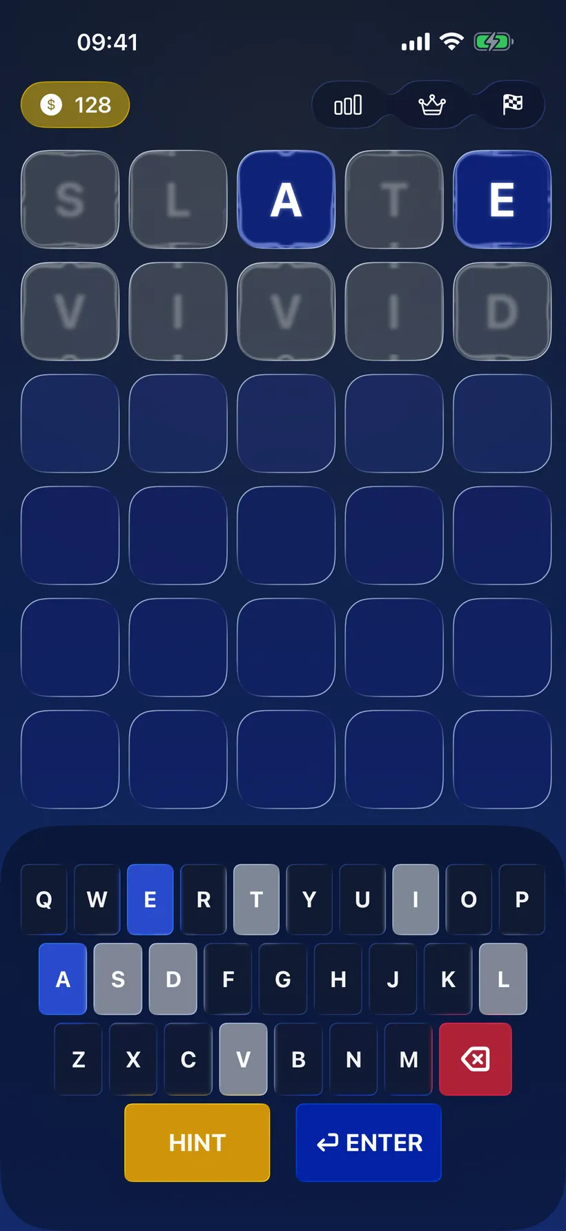 Word Challenge gameplay: guessing the hidden word on a colour-coded letter board